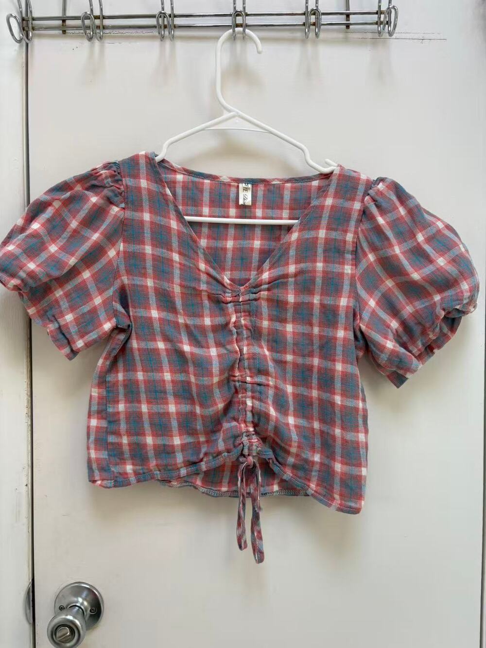 Madewell Plaid Puff Sleeve Crop Top V-Neck Ruched Front Drawstring Blouse XS